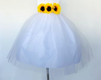 White Flower Girl Dress Sunflower Floral Belt Communion Wedding Bridesmaid Junior Easter Confirmation Infant Recital Chic Birthday Party
