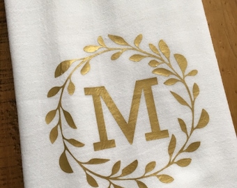 Monogrammed Kitchen Towel - Personalized Towel - Gold Monogram - Laurel - Custom Wedding Engagement Bridal Shower Gift - For the Couple