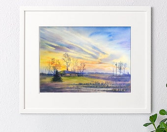 Original watercolor painting, Landscape painting,watercolor landscape,watercolor field,handmade,abstract sunset, sunset field,house gift