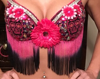 Plus Size Vinyl String Bra Top with Skull Applique