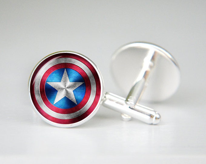 Captain America cufflinks, Captain America jewelry, Captain America accessories, wedding cufflinks,groomsmen cufflinks,husband gift