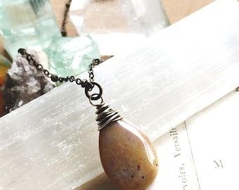 E a r t h l y...Ocean jasper necklace, moonstone, jasper necklace, boho, Heart chakra, healing, brass necklace FREE SHIPPING