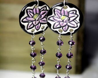 Lotus Flower Longline Dangle Ceramic Earrings with Purple Crystals