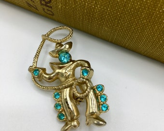 Vintage Brooch, Cowboy with Lasso, Blue Rhinestones, Vintage Costume Jewelry