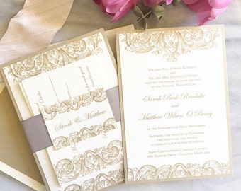 Vintage Wedding Invite - Gold Art Deco Wedding Invitation - Thermography - Sample