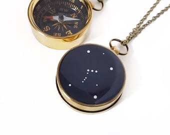 Orion Constellation Necklace with Large Working Compass, Pocket Compass, Long Brass Chain, Stars, Astronomy