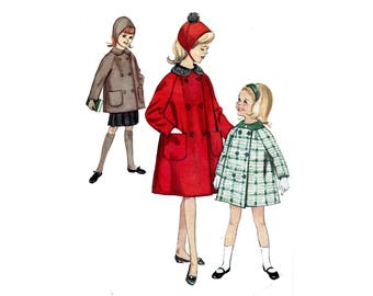 1960s Girls Coat and Hat Pattern Tent Coat Peter Pan Collar Matching Bonnet Raglan Sleeves Simplicity 5147 Size 7 Vintage Sewing Pattern
