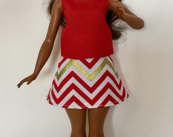 Handmade Curvy Barbie Clothes Red Tank like Top Chevron A-line Skirt Designs by P D Reneau (Q720)