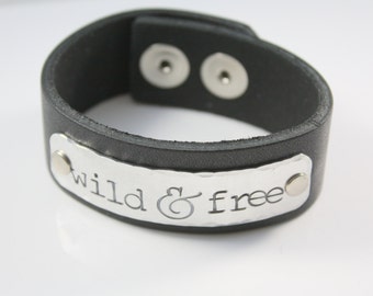 Wild and Free Bracelet - Wild & Free - Leather Cuff Bracelet for Women - Stamped Leather Bracelet - Black Leather Bracelet - Boho Bracelet