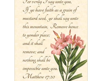 MUSTARD SEED FAITH Matthew 17:20 Christian Home Decor Vintage Verses Calligraphy Wall Art Parchment 5x7 Inspirational Wall Art Laurier Rose