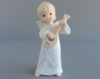 Vintage Lefton Barefoot Angel Figurine, Girl Playing Mandolin Stringed Instrument, Christopher Collection, Angelic Musicians, TWL-04452