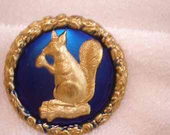 Squirrel Brooch Blue Gold Tone