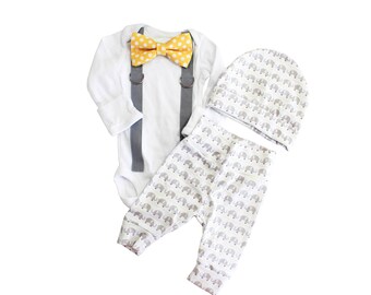 Elephant Coming Home Outfit Boy. Going Home Set. Newborn boy elephant theme baby. Yellow gray grey. Elephant leggings. elephant bow tie.
