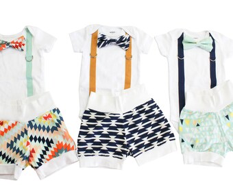 Mustard Gold Mint Navy Baby Boy Clothes. Boho toddler clothes. Summer outfits for boys. Newborn boy outfit. Tie bowtie and suspenders.