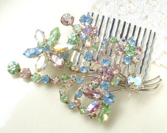 Vintage OOAK Pastel Pink, Mint Green, Blue, Yellow Rhinestone Bridal Hair Comb Silver Floral Spray Hairpiece Romantic Headpiece Blush Rustic