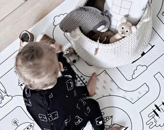 Monochrome Nursery / Game Road Map City Rug Kids City Area Rug Kids Play Rug / PVC Rug / Kids Decor / Kids Non Slip Mat / Toddler Room