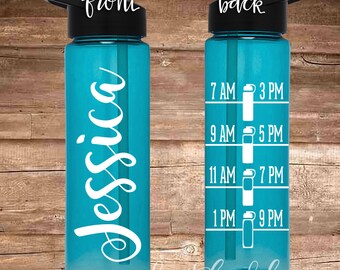PERSONALIZED Water Bottle with Name and water tracker - motivational time tracker - 24 oz flip top with straw - BPA Free