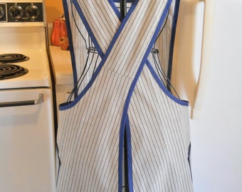 Old Fashioned Apron with a Crossover Back in Taupe and Navy Ticking
