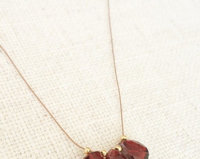Garnet Necklace, Gold Garnet Necklace, Garnet Silk Cord Necklace, Silk Cord Necklace, Gold Garnet Silk Cord Necklace