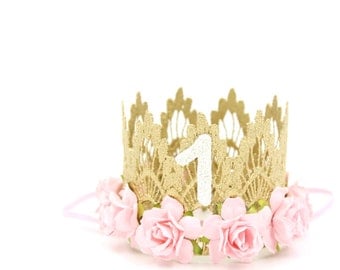 First Birthday crown MINI Sienna ||  gold baby pink flowers lace crown headband || photo prop || customize ANY age || Ready to Ship