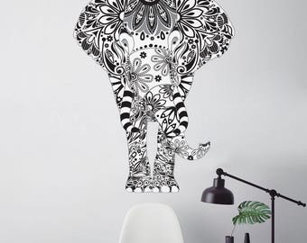 Elephant Wall Decal - Black, White, and Greay Floral Pattern - Easy Peel and Stick Fabric Elephant Wall Sticker