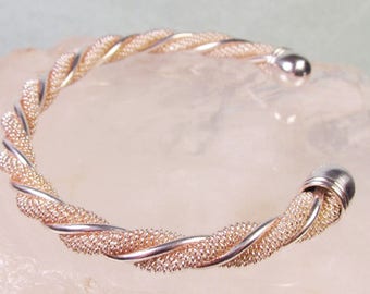 925 Solid Sterling Silver Cuff Bracelet, Beautiful Twisted Mesh and Wire