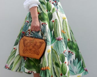 Blooming Cactus 50s style circle skirt , Vintage 50s inspired custom made cactus print skirt