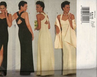 Butterick 6463 Fitted long dress sweetheart neckline back crossover straps straight or a-line skirt and wrap Size 6-8-10 (uncut)
