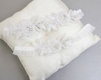 Wedding Garter Set, White Embroidery Flower Lace with Crystal Stone Wedding Garter Set, White Wedding Garter Set/ GT-34A