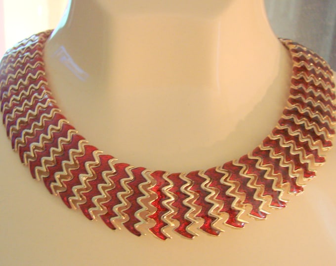 Vintage Modernist Statement Red Enamel Goldtone Bib Necklace / Runway / Jewelry / Jewellery