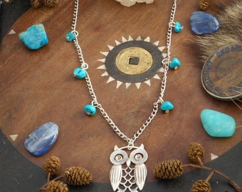 Turquoise Owl Necklace Jewelry Silver Stone Stones Pendant Chain Bird Boho Hippie Bohemian Hippie Nature Natural Earthy