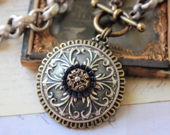 Antique Button Necklace, Chunky Choker, Baroque, Renaissance, XLarge Pendant Necklace silver and gold Antique Button Jewelry veryDonna