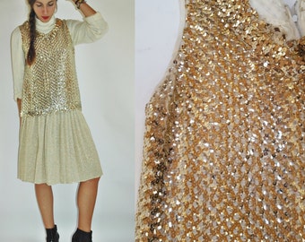 1960s Gold Sequin Semi Sheer Knit Sleeveless Top
