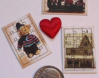 MInature Puzzles for Doll House, 1:12, Set of Three, Teddy Bear, Farm House, Rabbit With Baby Carriage