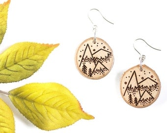 Wood-Burned Mountain Earrings, Wood Mountain Earrings, Wood Earrings, Mountain Jewelry, Wood Slice Earrings, Wood Slice Jewelry