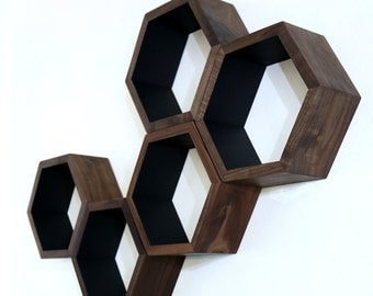 Wooden Floating Shelves - Honeycomb Cubby Shelf - OOAK - Geometric - Mid Century Modern - Minimalist Storage Unit - 5 Medium Hexagon Shelves