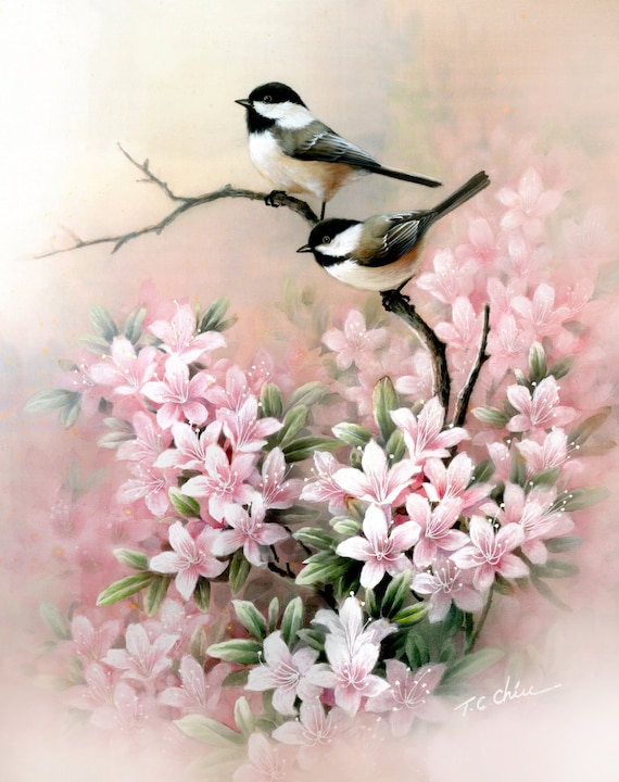 Chickadee and Flowers Archival Print of Watercolor Painting