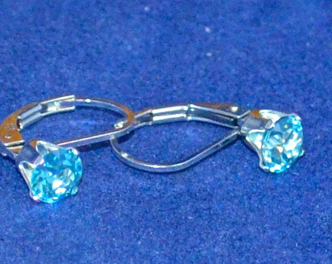 Blue Zircon Leverback Earrings,Small 4mm Round, Natural, Set in Sterling Silver E1045