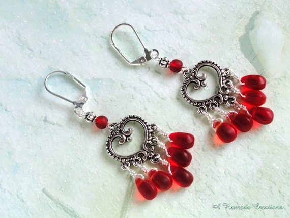 Red Sea Glass Earrings Frosted Glass Earrings Heart Chandelier