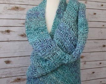 Aqua Blue and Purple Knit Shawl - Elegant Waterfall Shawl - Hand Knit Lace Wrap - Blue Green Shawl - Blue Fringed Shawl - Wedding or Cruise