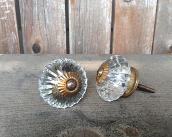 Set of 6 Clear Glass Knobs - Drawer Pulls Hardware - Antique Finish Base - More or Less Available If Needed