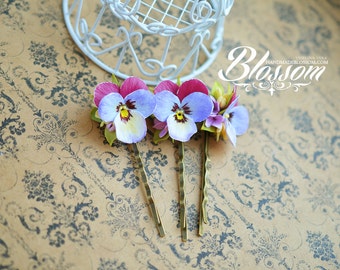 Handmade hair pin, Polymer clay pansy, Fimo pansies, Handmade clay flowers, Blue Pansy, Polymer clay hair pin