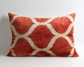 Red velvet pillow cover Handwoven silk velvet ikat Terra Cotta Velvet lumbar pillow case