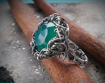 Wire Wrap Silver ring, Сhrysoprase in silver,Green gemstone, Gift for her, wire wrap jewelry, gift ideas