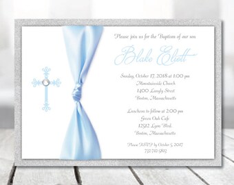 Boy Baptism Invitation Christening Blue Ribbon
