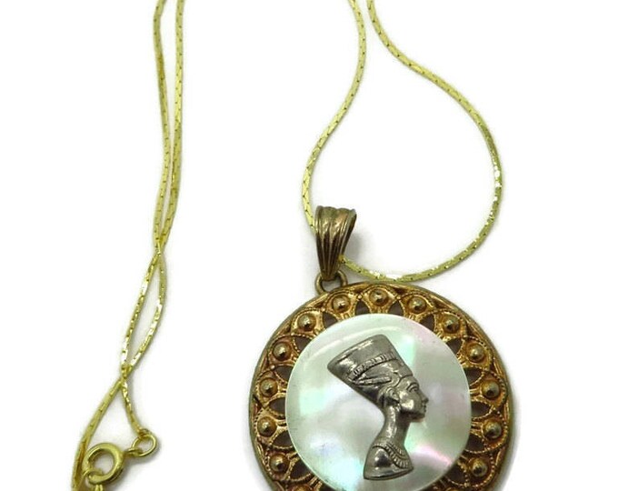 Mother of Pearl Pendant - Egyptian Queen Pendant Necklace Vintage Nefertiti Pendant, Cobra Chain Necklace, Gift idea, Gift Boxed