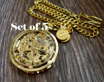 Gold Pocket Watch Set of 5 Personalized Pocket Watches with Watch Chains Groomsmen Best Man Wedding Party Usher Ships to USA/Canada GOPM