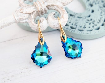 Turquoise blue Swarovski crystal earrings Gold bridesmaids wedding earrings Swarovski baroque jewellery Bermuda blue earring 24k gold plated