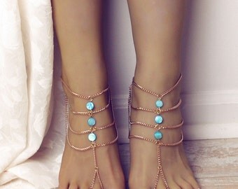 Turquoise Barefoot Sandals Gold Barefoot Sandals Boho Anklet Foot Jewelry Bohemian sandals Beach Sandals Beach Wedding Gold Gypsy Sandals
