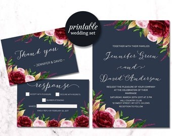 Navy Floral Wedding Invitation Burgundy Suite Boho Gold Navy Floral Wedding Invitation Burgundy Suite Boho Gold